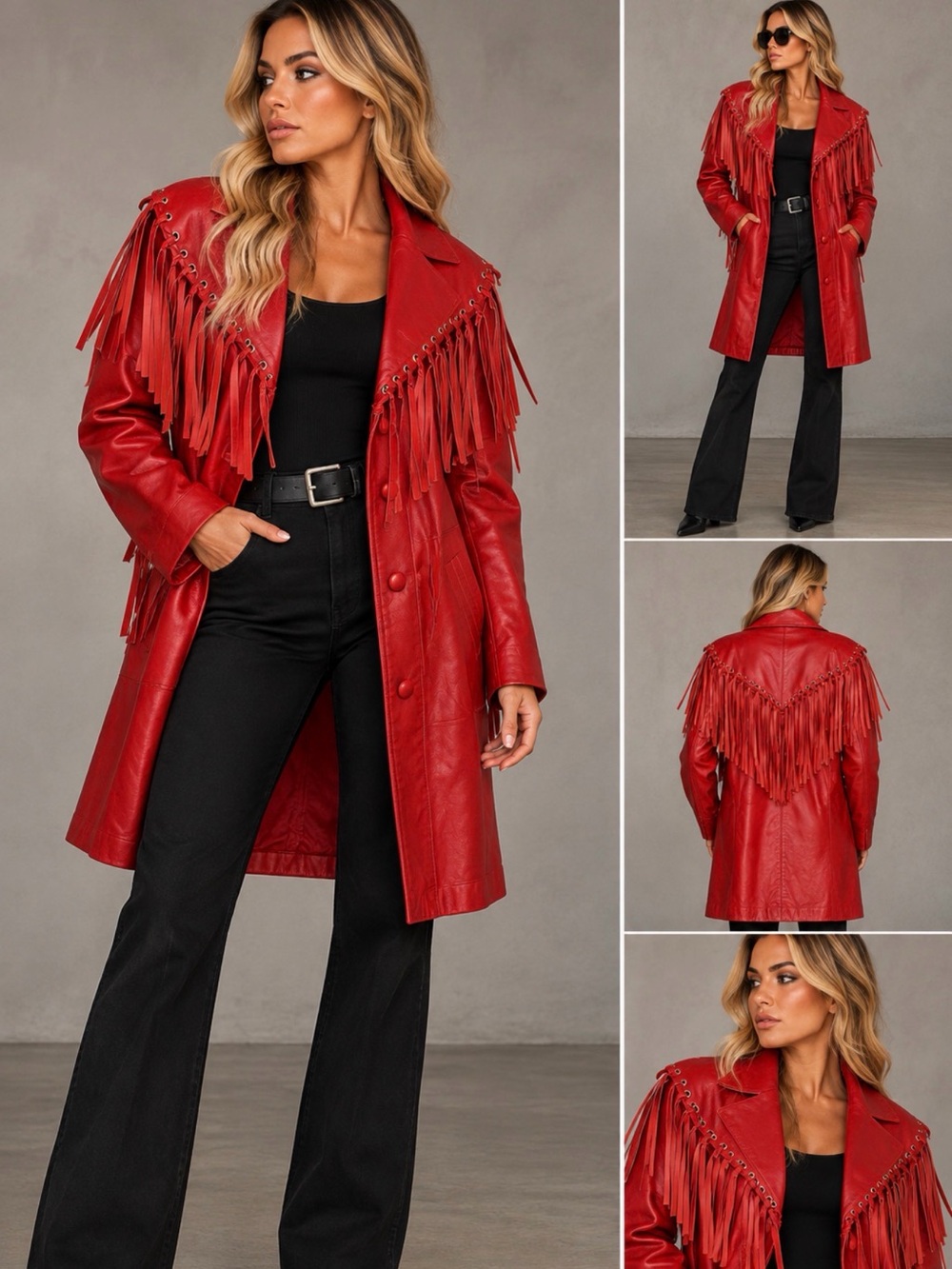 Vintage Red Fringe Leather Coat